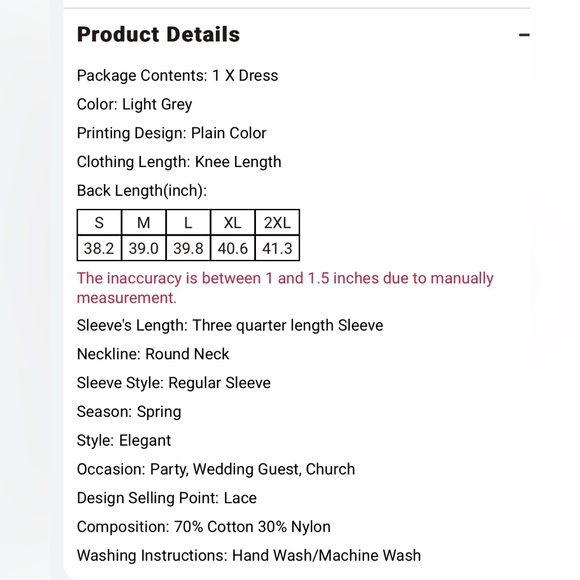 Modlily 3/4 Sleeve Light Grey Lace Panel Dress, size Large - Picture 8 of 12